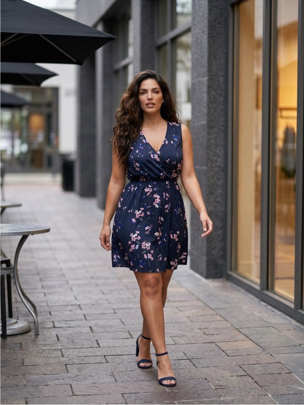 41 HAWTHORN Navy Floral Sleeveless Drawstring Waist Dress Women’s Large Petite